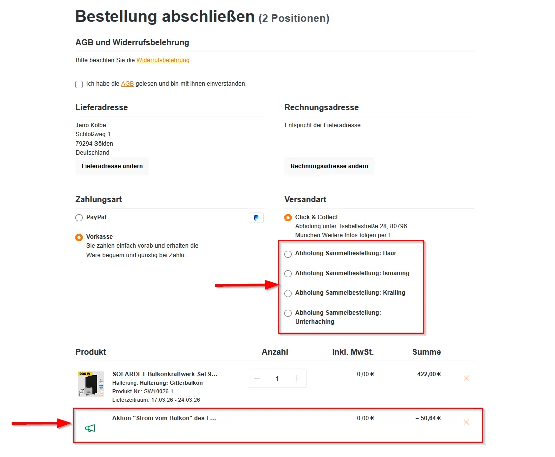 Abholort an der Kasse vor dem Bezahlen auswählen