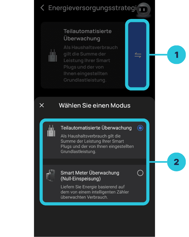 Auswahl der Energieversorgungsstrategie in der EcoFlow-App mit Smart Plug und Smart Meter