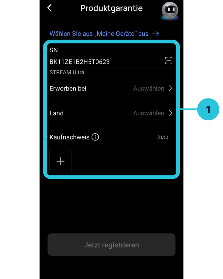 Formular zur Produktgarantie mit Feldern Erworben bei, Land und Kaufnachweis