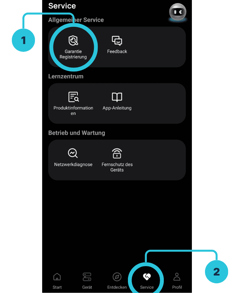 Service-Bereich der EcoFlow-App mit dem Punkt Garantie-Registrierung