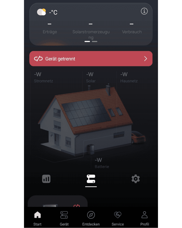 EcoFlow-App mit der Meldung Gerät getrennt und Platzhalterwerten statt Live-Daten