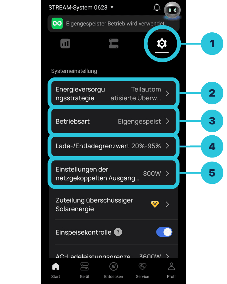 Systemeinstellungen in der EcoFlow-App mit Energieversorgungsstrategie, Betriebsart, Ladegrenzen und Ausgangsleistung